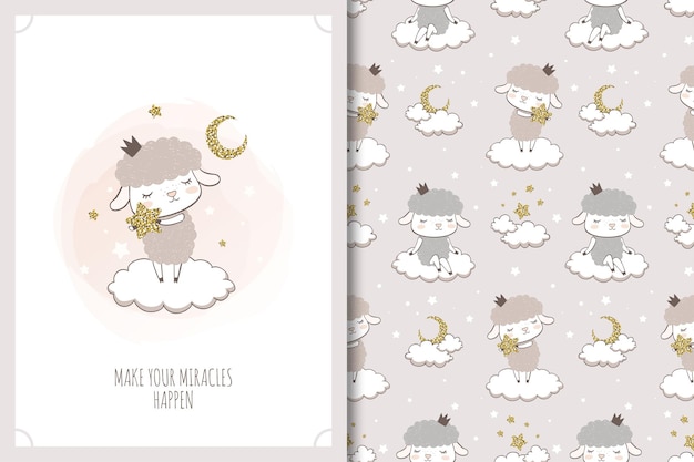 Little Sheep with star illustration. Cartoon animal card and seamless pattern