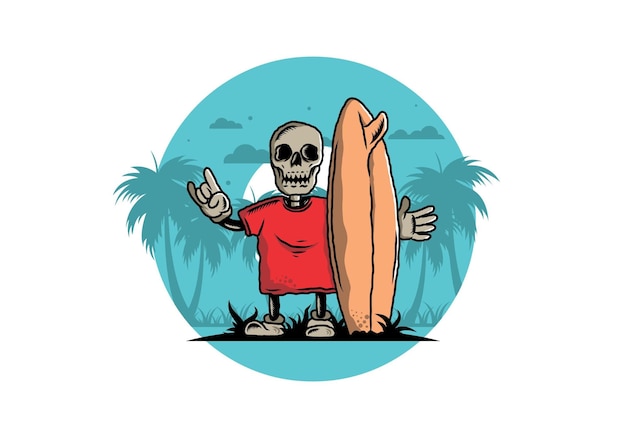 Little skull holding a surfing board illustration design