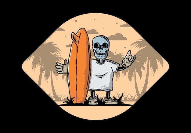 Little skull holding a surfing board illustration design