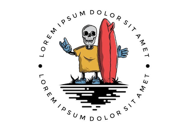 Little skull holding a surfing board illustration design