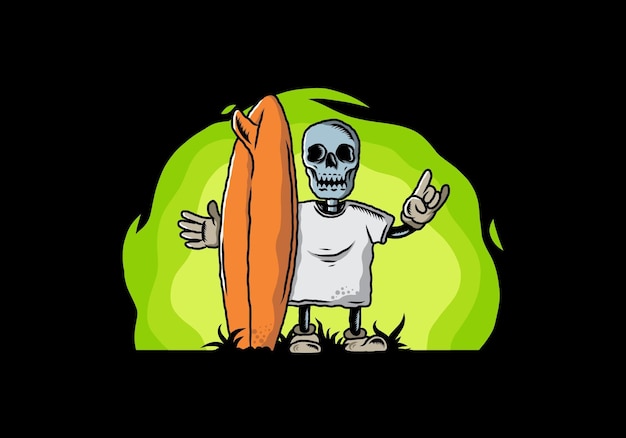 Little skull holding a surfing board illustration design