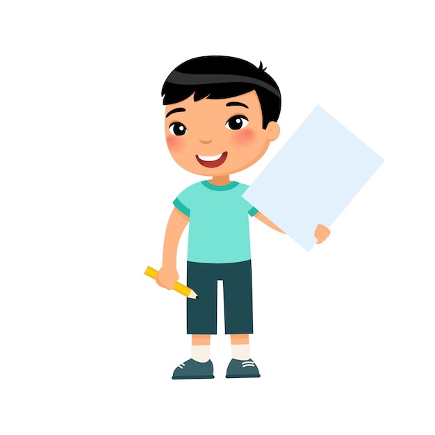 Little smiling boy holding empty paper sheet flat illustration. Cute schoolkid with blank poster and pencil in hands isolated on white background. Asian child with notepad page mock up