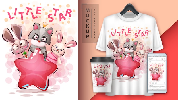 Vector little star animals poster and merchandising