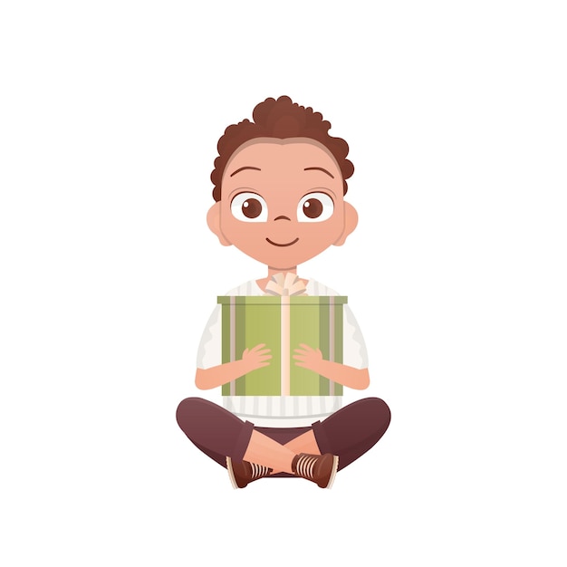 A little teen boy sits in a lotus position and holds a box with a bow in his hands Birthday New Year or holidays theme Isolated Cartoon style