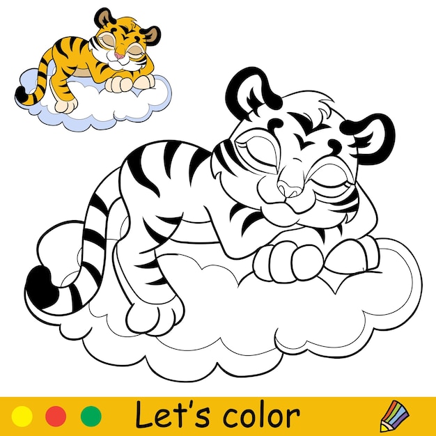 Little tiger on a cloud coloring with colorful template vector