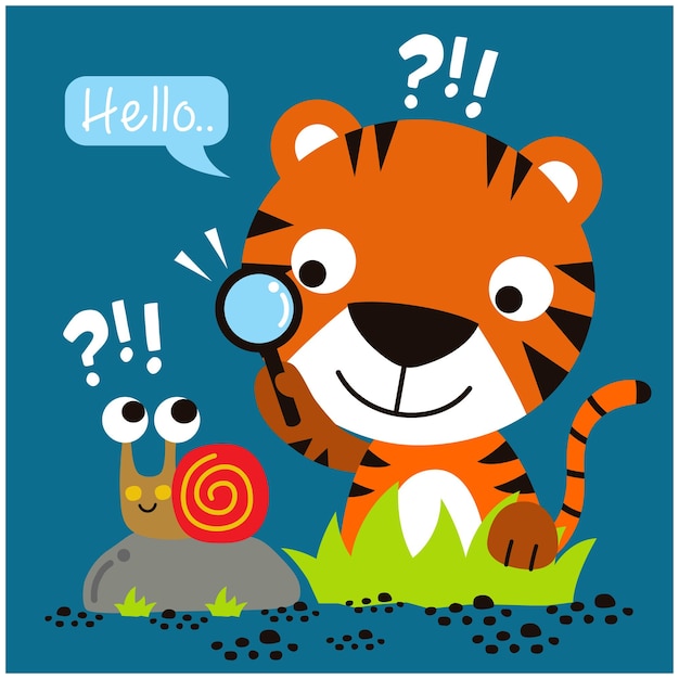 little tiger and snail funny animal cartoon