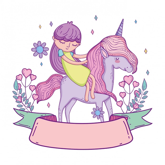 Vector little unicorn and princess with wreath flowers