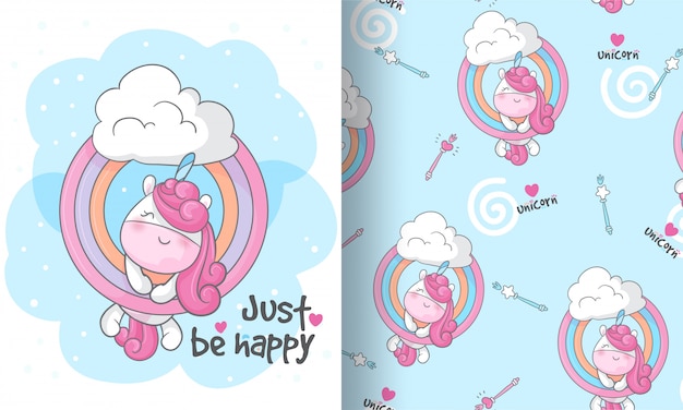 Little unicorn on the sky seamless pattern illustration for kids