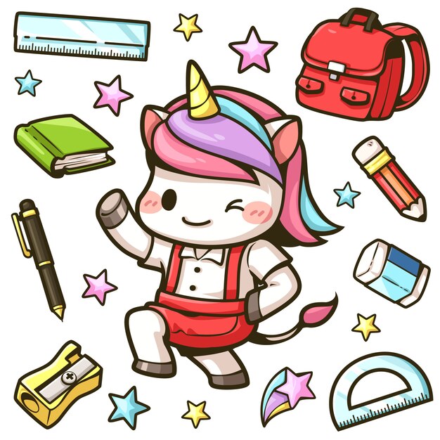 Vector little unicorns go to school and stationery