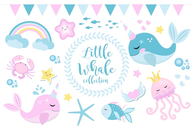 Little whale unicorn set, modern cartoon style. Cute and a fantastic collection for children with sea inhabitants, fish, underwater, jellyfish, crab, rainbow.  illustration