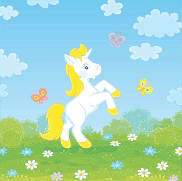 Little white magical unicorn dancing with funny butterflies among colorful flowers on green grass