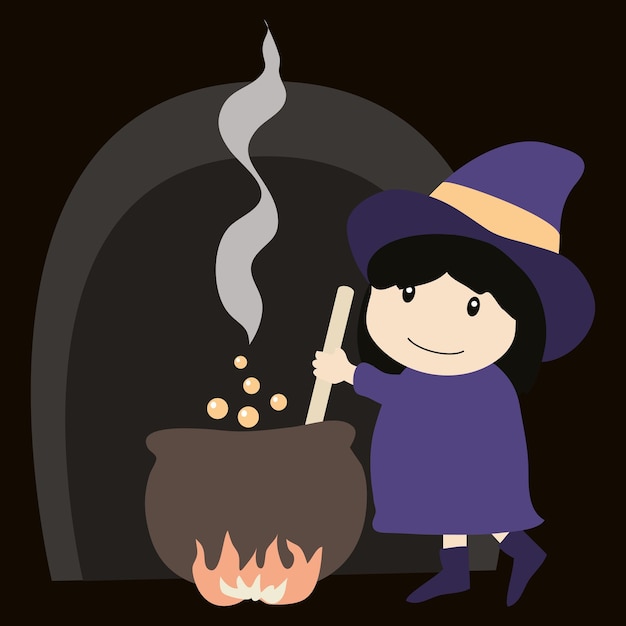 Little witch brews a potion in a cauldron. Funny characters for the holiday Halloween