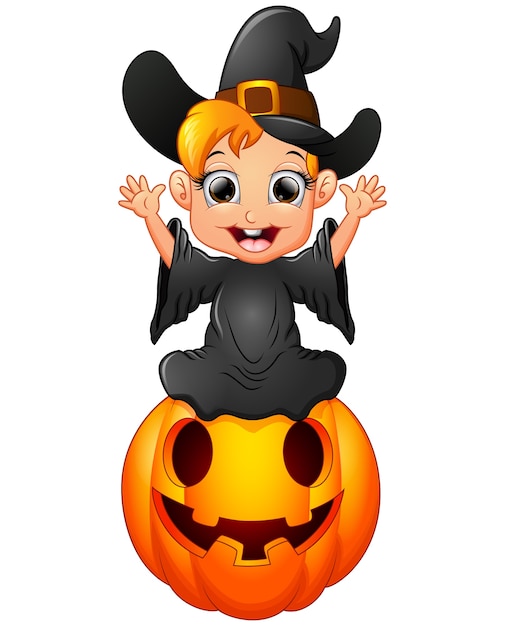 little witch cartoon sitting on the pumpkin