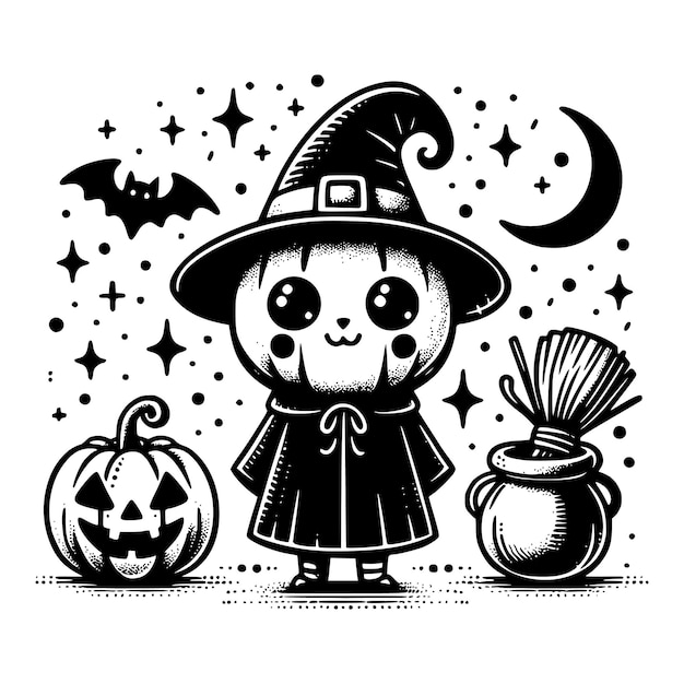 a little witch is standing next to a pumpkin