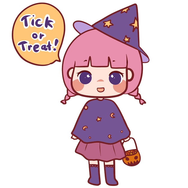 Little witch Trick or Treat cartoon chibi cute vector