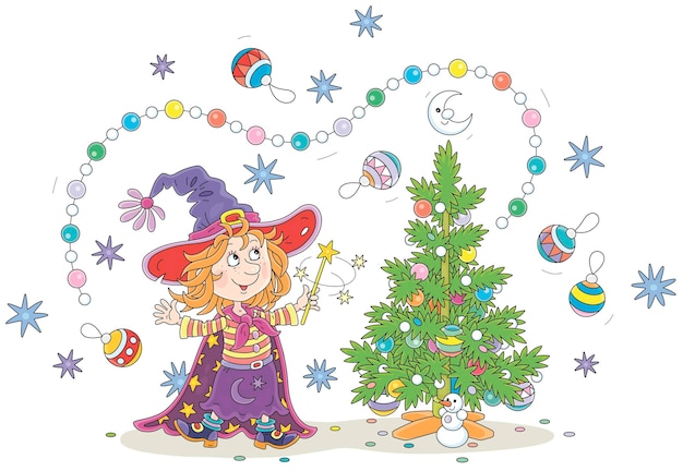 Vector little witch with her magic wand decorating a christmas tree with flying garlands, toys and balls