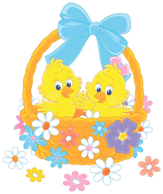 Little yellow chicks in a wicker Easter basket decorated with a bow and flowers