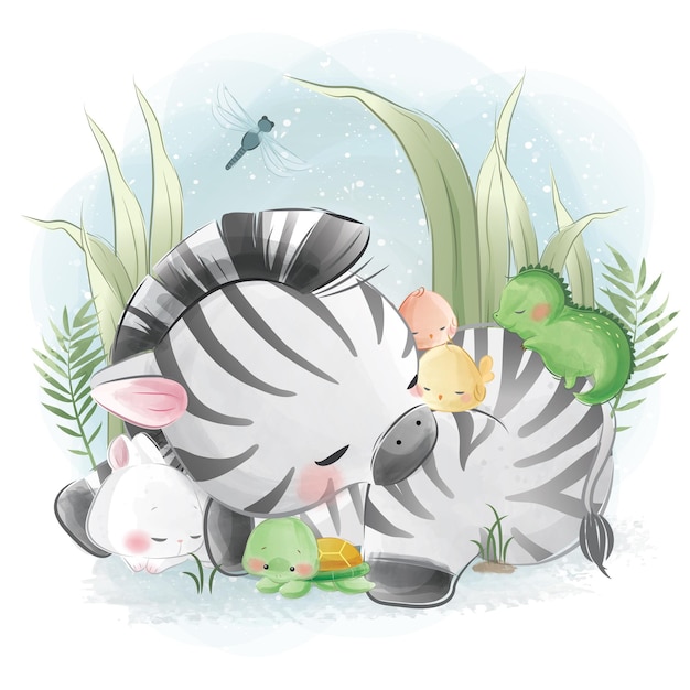 Little Zebra Sleeping with His Friends