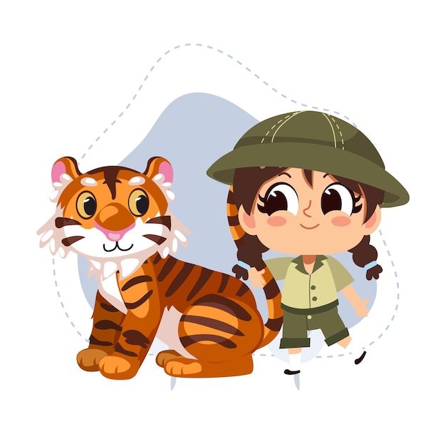 Little zookeeper girl with Tigervector cartoon character illustrationanimal loverzoo concept