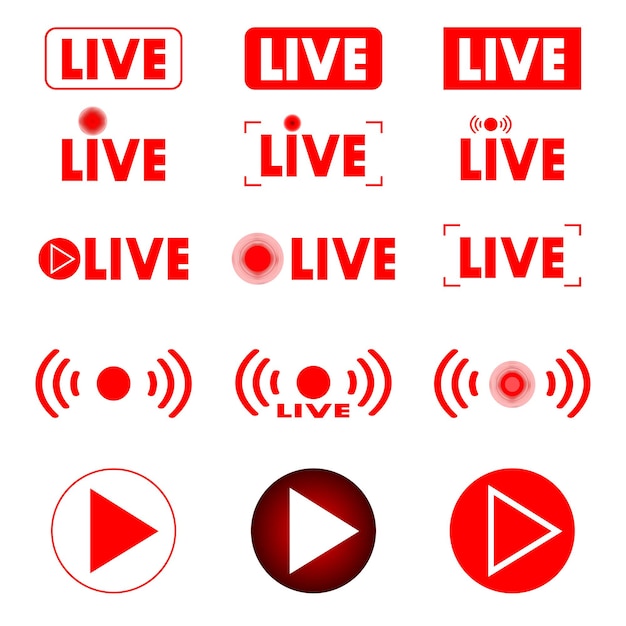 Live broadcast. Set of live streaming icons. Red symbols and buttons for live broadcast, online, broadcasting, online stream. Red buttons for live and online applications. Online video buttons