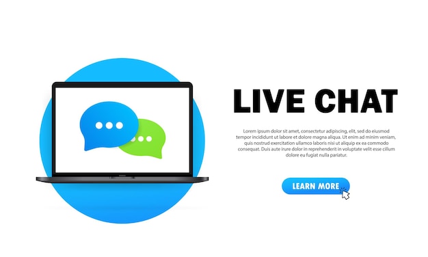 Live chat banner. Message icon in flat design on laptop. Communication. Conversation sign. Vector on isolated white background. EPS 10.