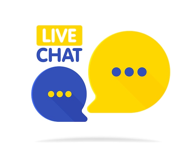 Live chat speech bubbles symbol. Vector flat illustrations. Concept live dialogue. Bubbles chat badge isolated on white background, message concept, sms or chat icon in blue and yellow colors.