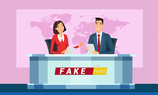 Vector live fake news on tv cartoon  illustration. reporters reading breaking news from paper. broadcasting. modern lifestyle. world map on screen