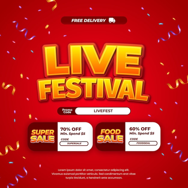 Vector live festival sale discount deals dynamic red gradient editable text confetti voucher banner