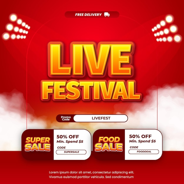 Vector live festival sale discount deals dynamic red gradient editable text with voucher banner