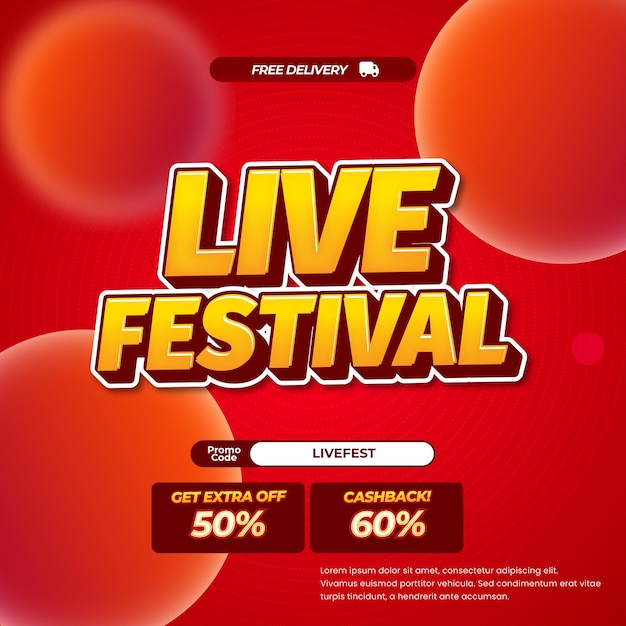 Live Festival Sale discount deals vibrant Red gradient Editable text effect bubbles banner