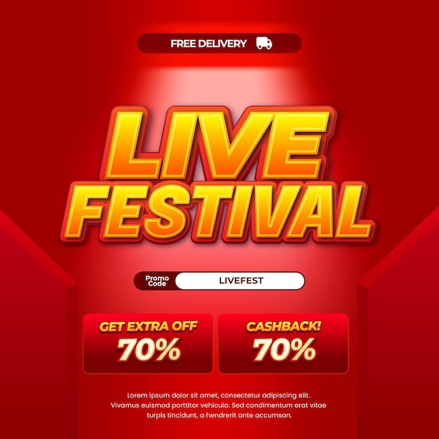 Vector live festival shopping day sale discount deals red gradient editable text podium room banner