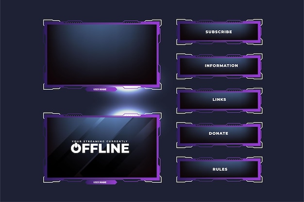 Live gaming overlay design with abstract shapes Broadcast screen panel and offline frame background with purple and dark colors Digital live streaming overlay vector Futuristic gaming panel design