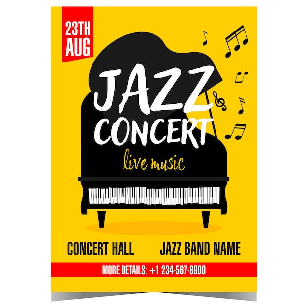 Live jazz music concert banner or poster with black grand piano and musical notes