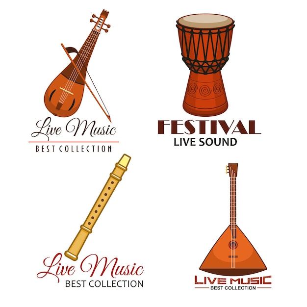 Live music folk festival vector icons