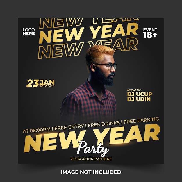 Live music new year party with golden modern social media post event design template