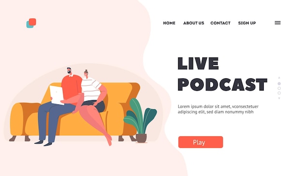 Live Podcast Landing Page Template Couple of Characters Sitting on Sofa with Tablet Pc Listening Podcast Watching Movie or Webinar Online Multimedia Content Cartoon People Vector Illustration