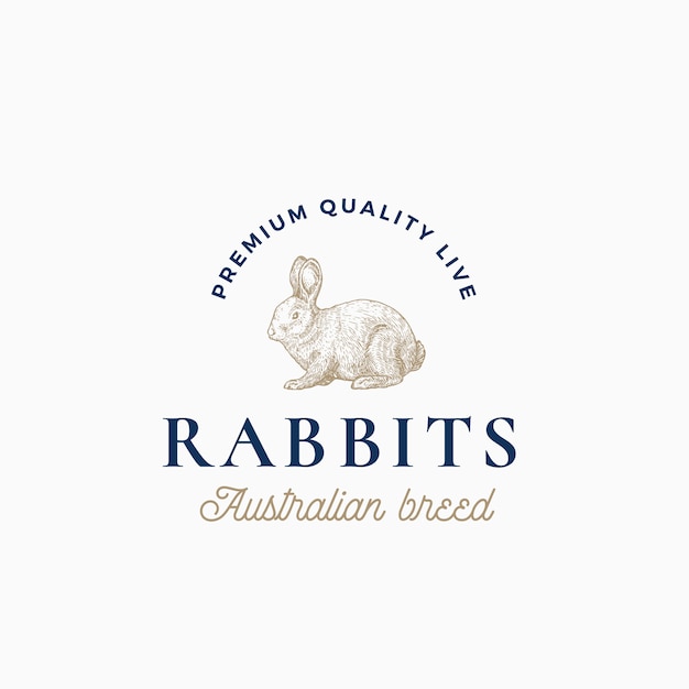 Live Rabbits Australian Breed. Abstract  Sign, Symbol or Logo Template. Hand Drawn Engraving Style Rabbit Sillhouette Sketch with Classy Retro Typography. Vintage Emblem.