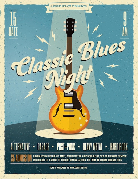 Live rock music party poster or flyer  template with classic electric guitar under the spotlight on the stage.