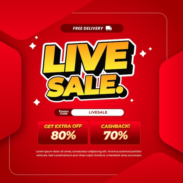 Vector live sale discount deals with red gradient editable orange text banner