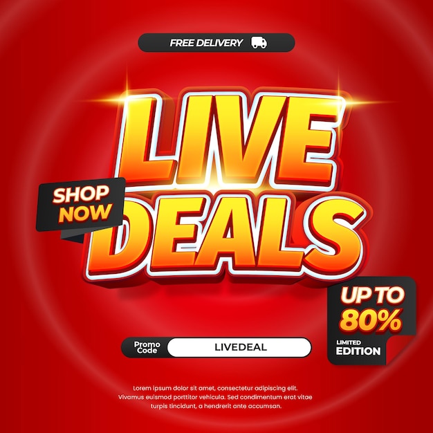 Vector live shopping day sale discount deals with vibrant red whirlpool gradient editable text banner