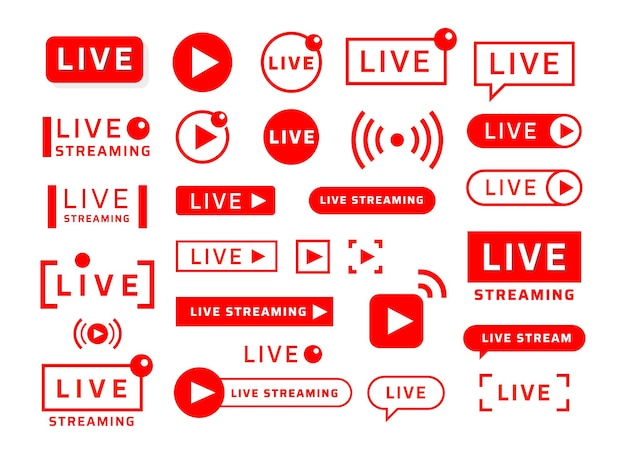 Live stream icons. Video broadcast and translation icons and banners for social network UI and online video player. Vector news and streaming buttons set