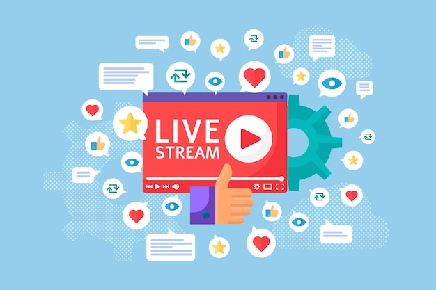 Live stream launch concept illustration. Online broadcast idea flat icons. Streaming feedback cartoon badges. Social media banner. Vector isolated color drawing