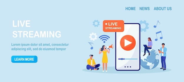 Live streaming broadcast vlog Video streaming podcast Tiny people watch live stream in social networks and sharing online video Business working process