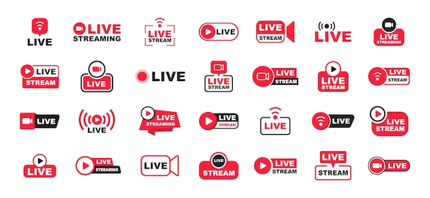 Live streaming icon set Live broadcasting buttons and symbols