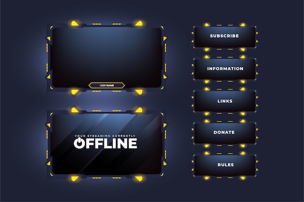 Live streaming overlay design for gamers with dark screen panels Futuristic stream overlay design with digital buttons Gaming screen overlay vector with abstract shapes and yellow color