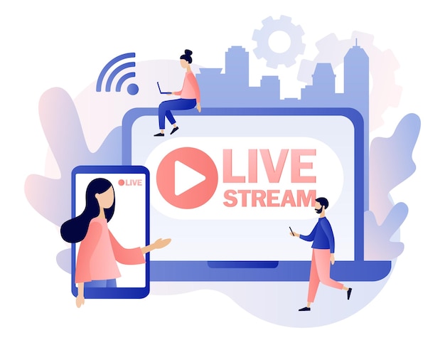 Live streaming Tiny people that conduct and watch live stream in social networks Online video chat