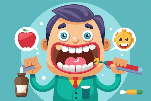 Vector a lively cartoon character enthusiastically brushes their teeth with fun oral care tools and engaging visuals oral care customizable cartoon illustration