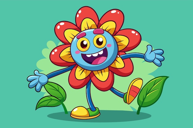 Vector a lively cartoon flower character with bright colors and a happy expression dances playfully among lush green leaves showcasing a vibrant and colorful background