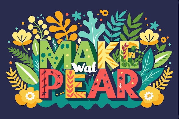 A lively and colorful flat design encouraging peace adorned with various plants and playful lettering Make peace not war Customizable Flat Illustration