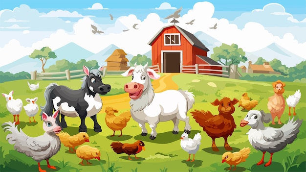 Vector lively farm animal scene vector cartoon illustration